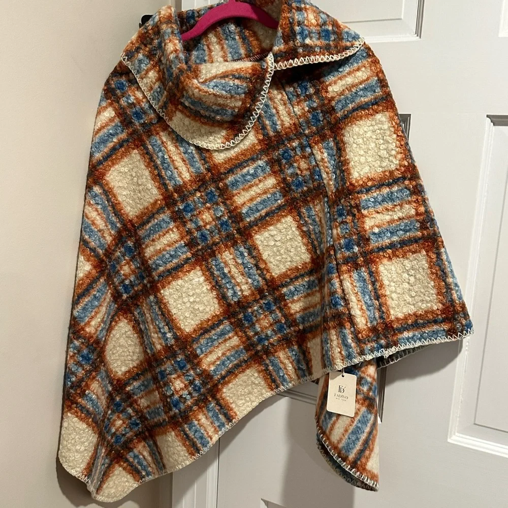 Women's Cape in Cream, Blue, and Orange/Caramel Plaid